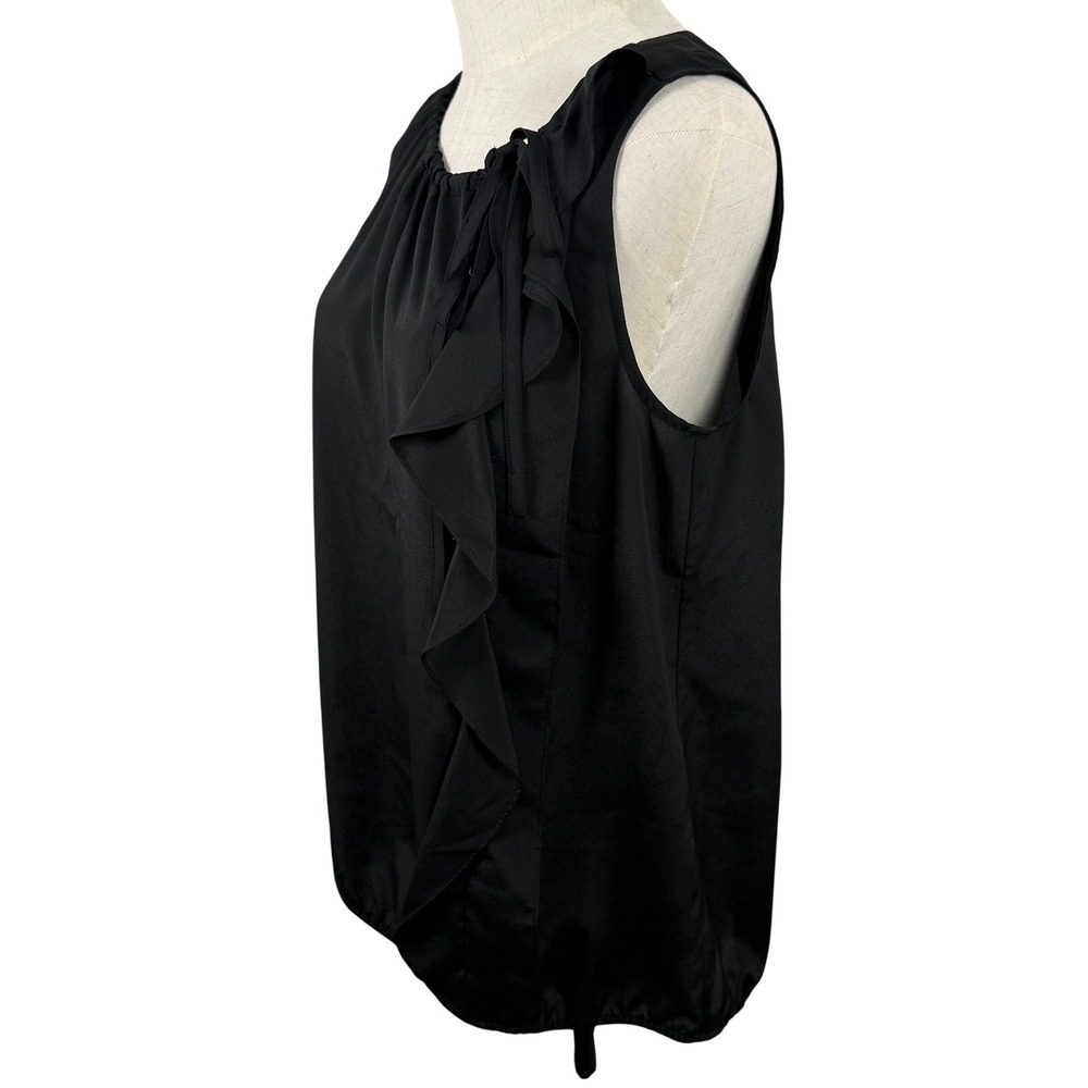 Ann Taylor LOFT Womens Medium Blouse Black Ruffle Tie Neck Sleeveless Bubble Hem - Picture 2 of 9